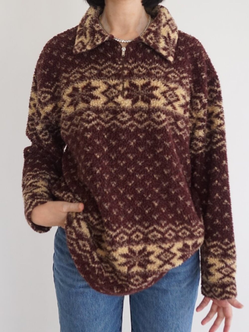 Vintage Best United Burgundy Aztec Western Ranch Sherpa Quarter Zip Fleece XL